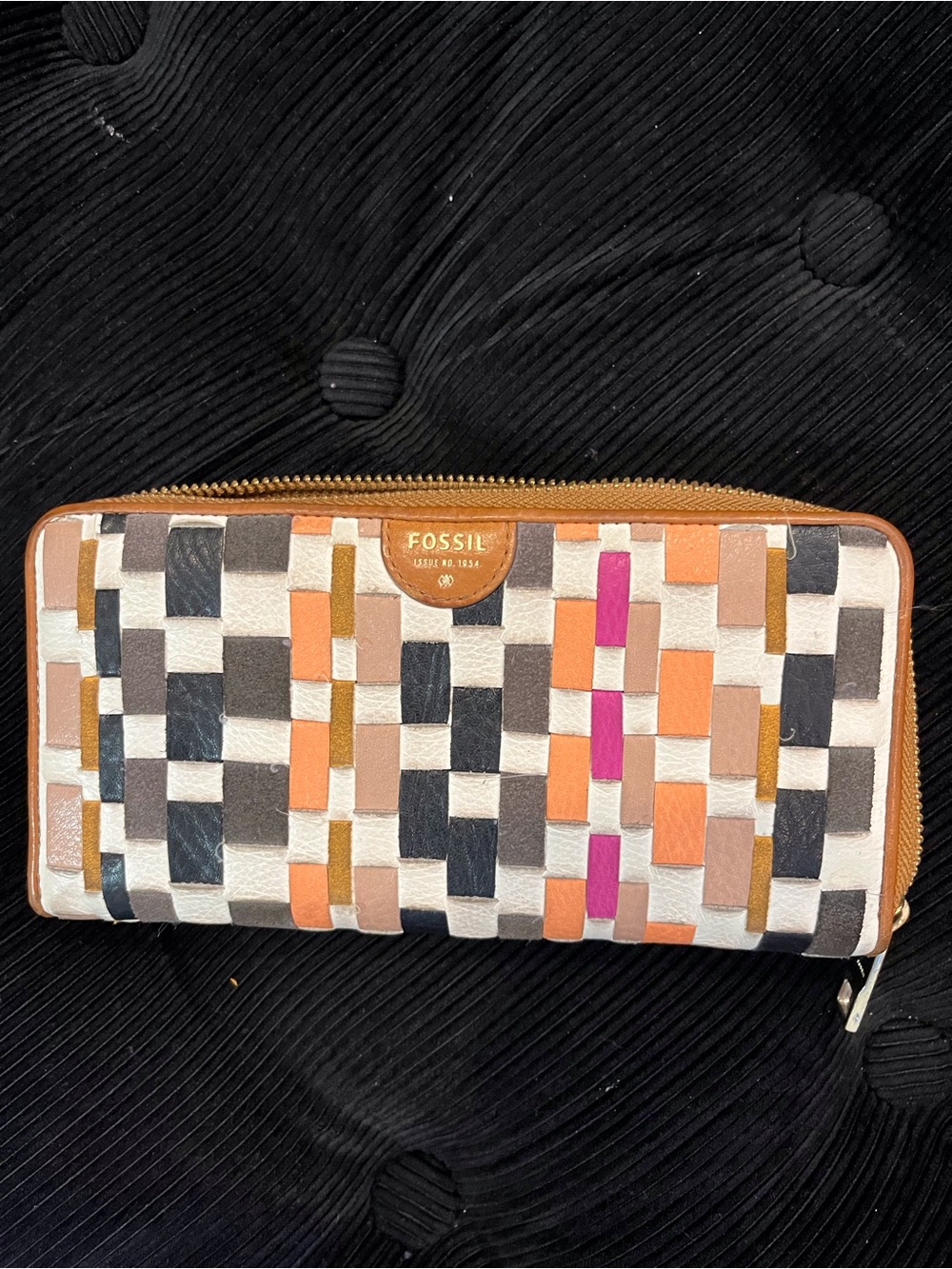 Fossil Multicolor Woven Zip-Around Wallet with Brown Trim
